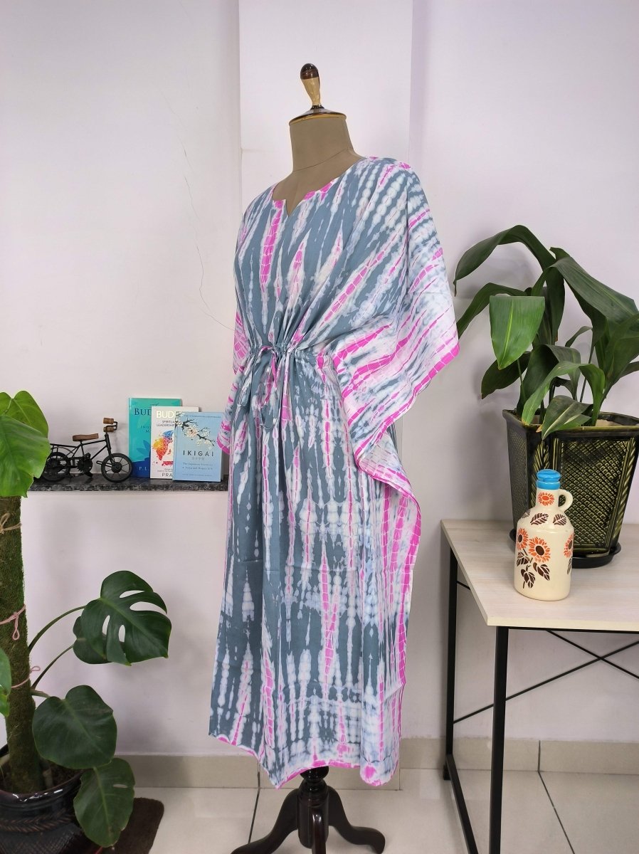 Boho Style Kaftan Dress | Indian Handprinted Pink Metallic Grey Tie Dye | Breathable Lightweight Cotton Fabric, Comfortable Chic Summer Look