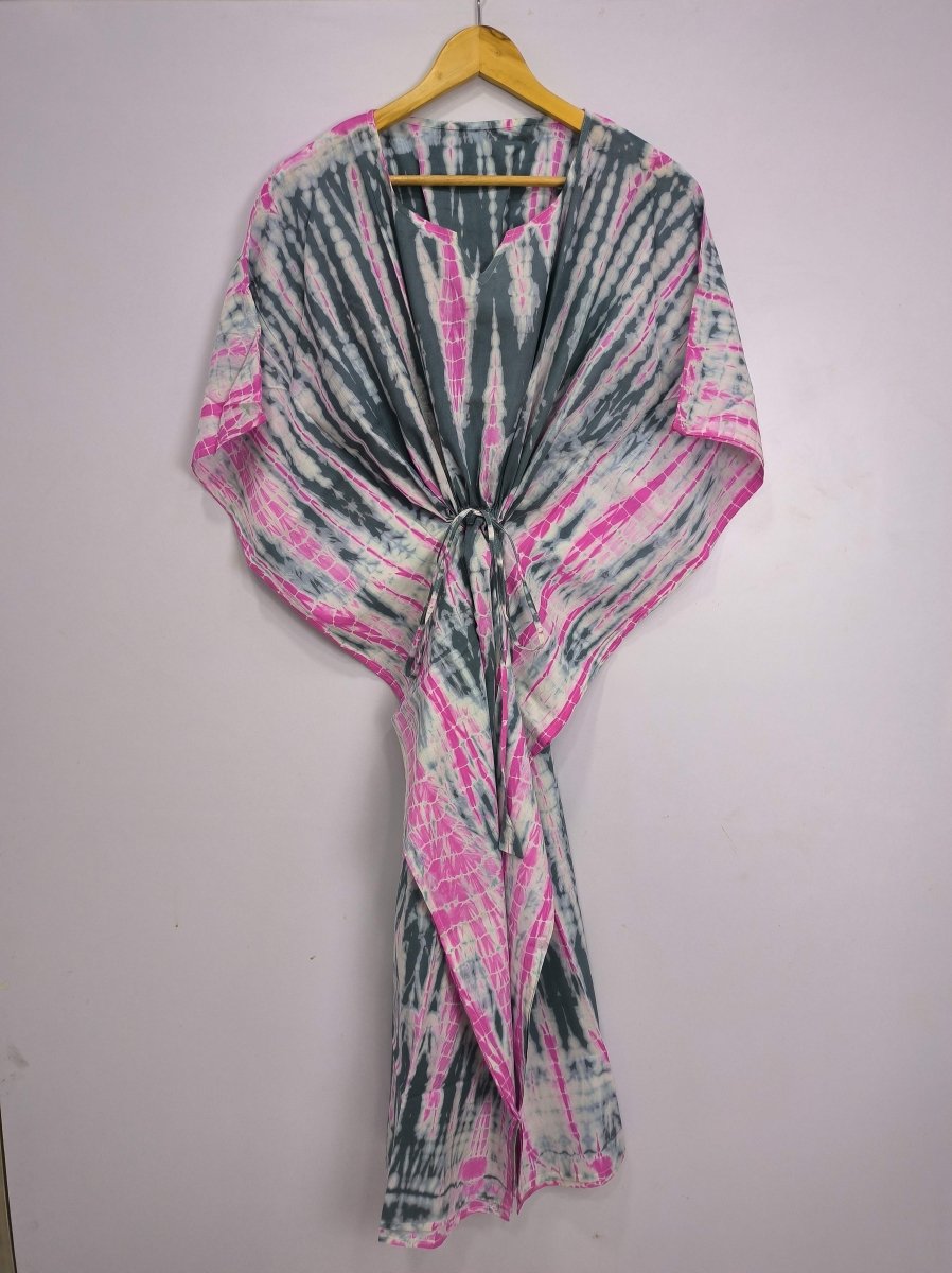 Boho Style Kaftan Dress | Indian Handprinted Pink Metallic Grey Tie Dye | Breathable Lightweight Cotton Fabric, Comfortable Chic Summer Look