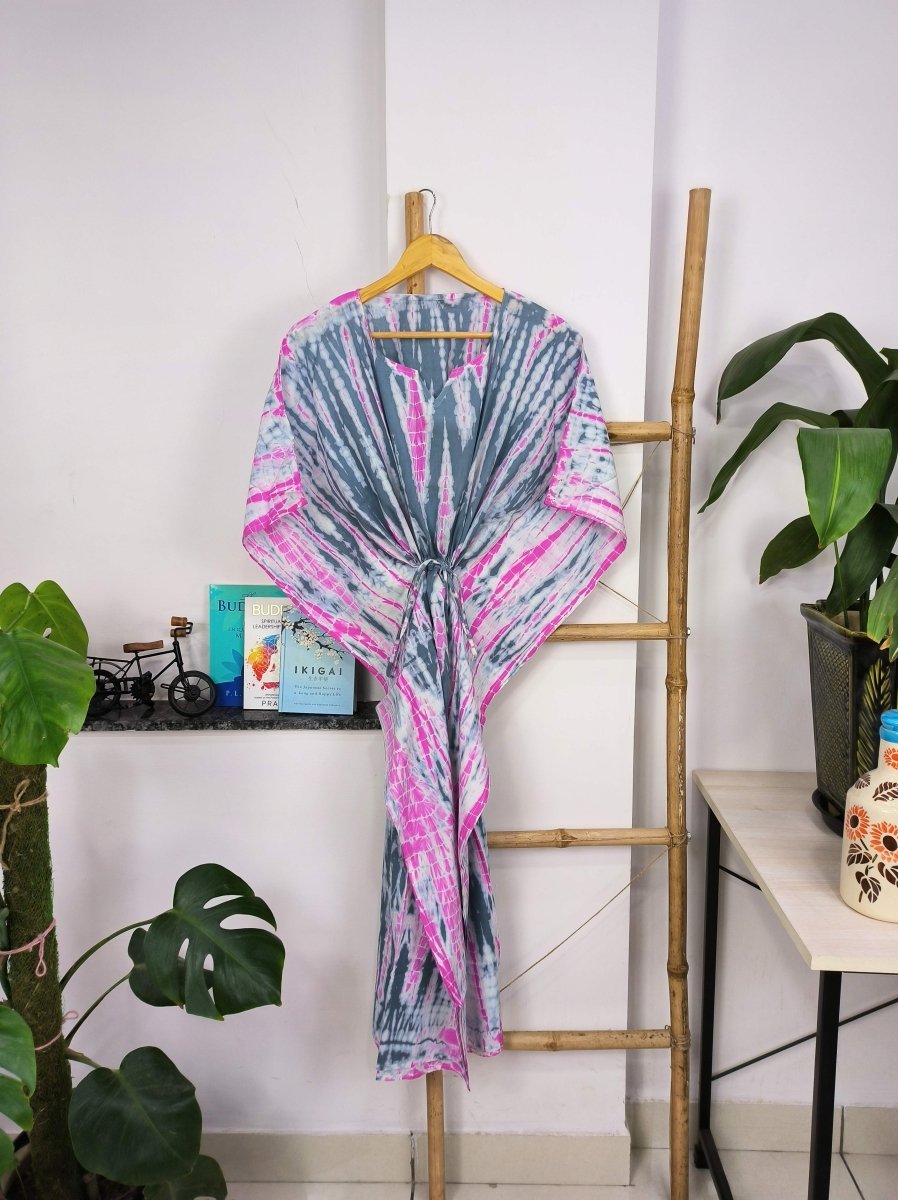 Boho Style Kaftan Dress | Indian Handprinted Pink Metallic Grey Tie Dye | Breathable Lightweight Cotton Fabric, Comfortable Chic Summer Look