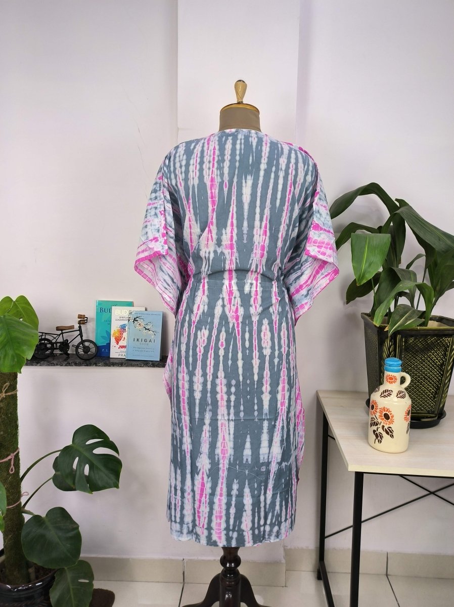 Boho Style Kaftan Dress | Indian Handprinted Pink Metallic Grey Tie Dye | Breathable Lightweight Cotton Fabric, Comfortable Chic Summer Look