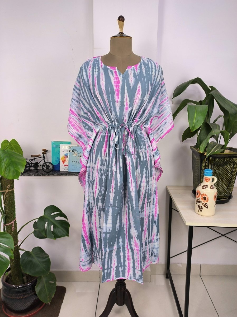 Boho Style Kaftan Dress | Indian Handprinted Pink Metallic Grey Tie Dye | Breathable Lightweight Cotton Fabric, Comfortable Chic Summer Look