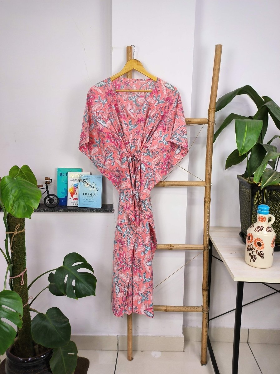 Boho Style Kaftan Dress | Indian Handprinted Salmon Pink Floral Blossom | Breathable Lightweight Cotton Fabric, Comfortable Chic Summer Look