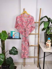 Boho Style Kaftan Dress | Indian Handprinted Salmon Pink Floral Blossom | Breathable Lightweight Cotton Fabric, Comfortable Chic Summer Look