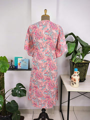 Boho Style Kaftan Dress | Indian Handprinted Salmon Pink Floral Blossom | Breathable Lightweight Cotton Fabric, Comfortable Chic Summer Look