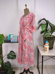 Boho Style Kaftan Dress | Indian Handprinted Salmon Pink Floral Blossom | Breathable Lightweight Cotton Fabric, Comfortable Chic Summer Look