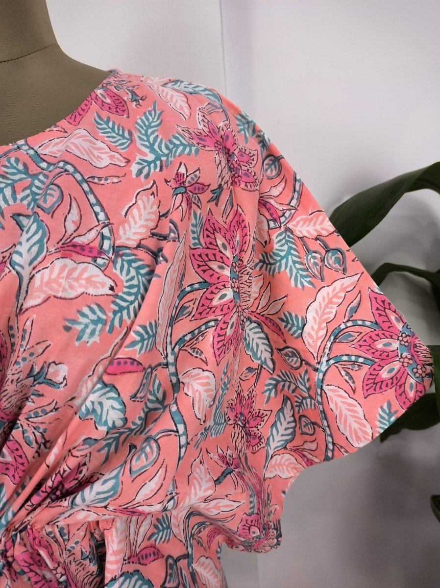 Boho Style Kaftan Dress | Indian Handprinted Salmon Pink Floral Blossom | Breathable Lightweight Cotton Fabric, Comfortable Chic Summer Look
