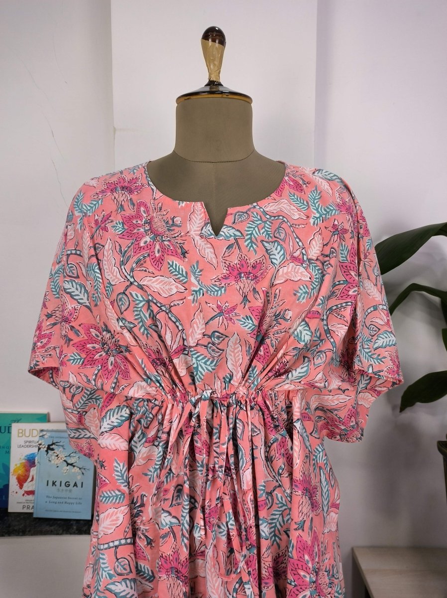 Boho Style Kaftan Dress | Indian Handprinted Salmon Pink Floral Blossom | Breathable Lightweight Cotton Fabric, Comfortable Chic Summer Look