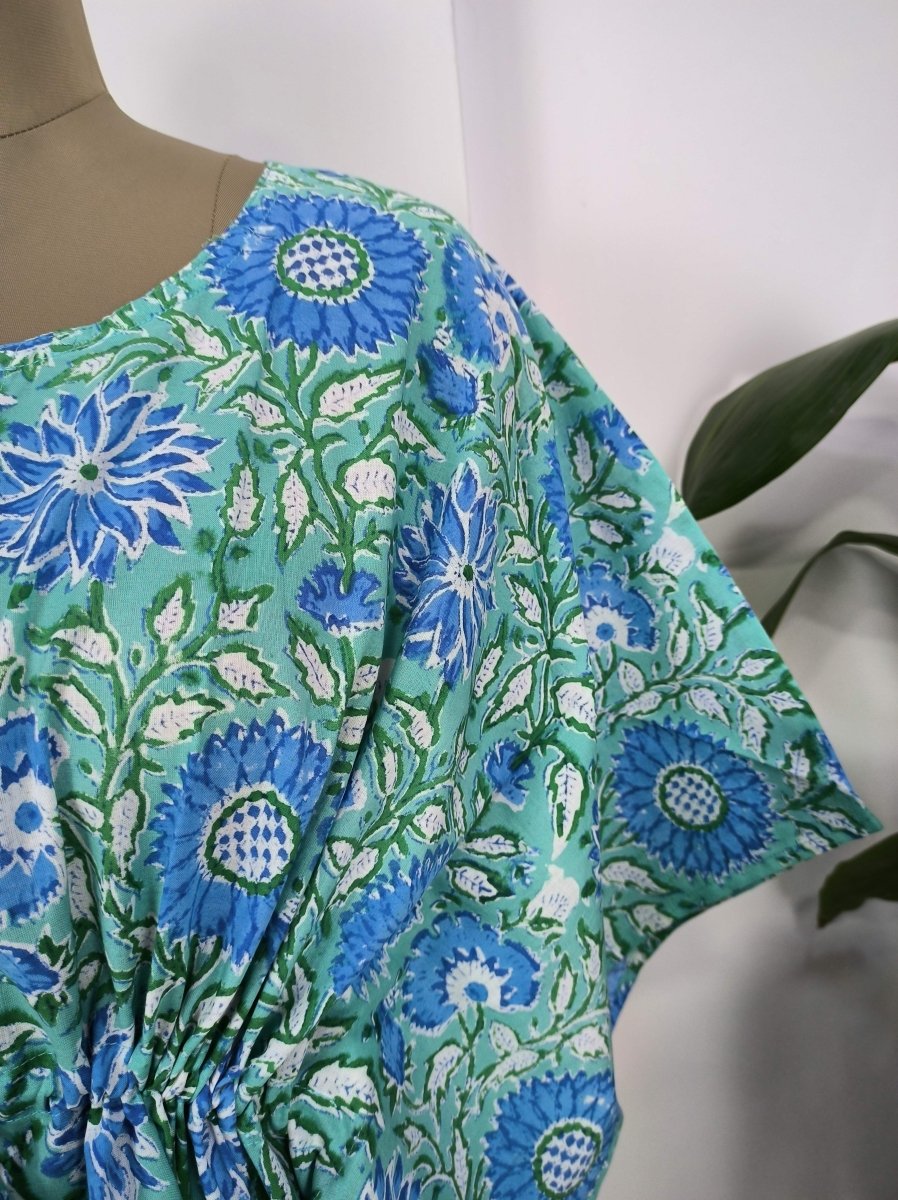 Boho Style Kaftan Dress | Indian Handprinted Sea Green Blue Sun Floral | Breathable Lightweight Cotton Fabric, Comfortable Chic Summer Look