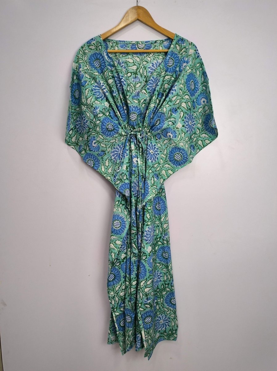 Boho Style Kaftan Dress | Indian Handprinted Sea Green Blue Sun Floral | Breathable Lightweight Cotton Fabric, Comfortable Chic Summer Look