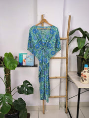 Boho Style Kaftan Dress | Indian Handprinted Sea Green Blue Sun Floral | Breathable Lightweight Cotton Fabric, Comfortable Chic Summer Look