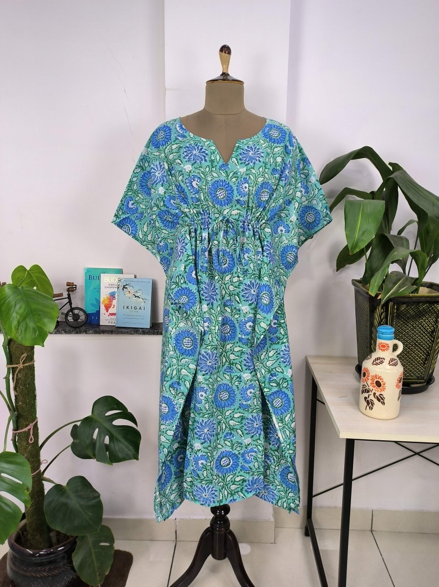 Boho Style Kaftan Dress | Indian Handprinted Sea Green Blue Sun Floral | Breathable Lightweight Cotton Fabric, Comfortable Chic Summer Look