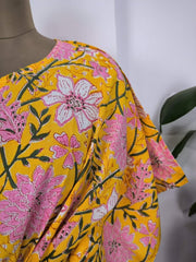 Boho Style Kaftan Dress | Indian Handprinted Sun Shine Garden Botanical | Breathable Lightweight Cotton Fabric Comfortable Chic Summer Look