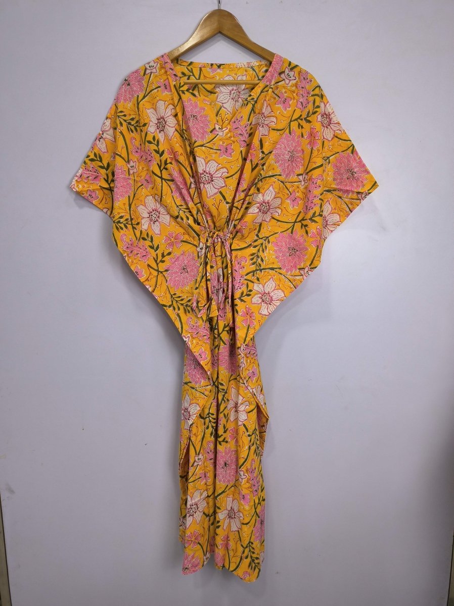 Boho Style Kaftan Dress | Indian Handprinted Sun Shine Garden Botanical | Breathable Lightweight Cotton Fabric Comfortable Chic Summer Look