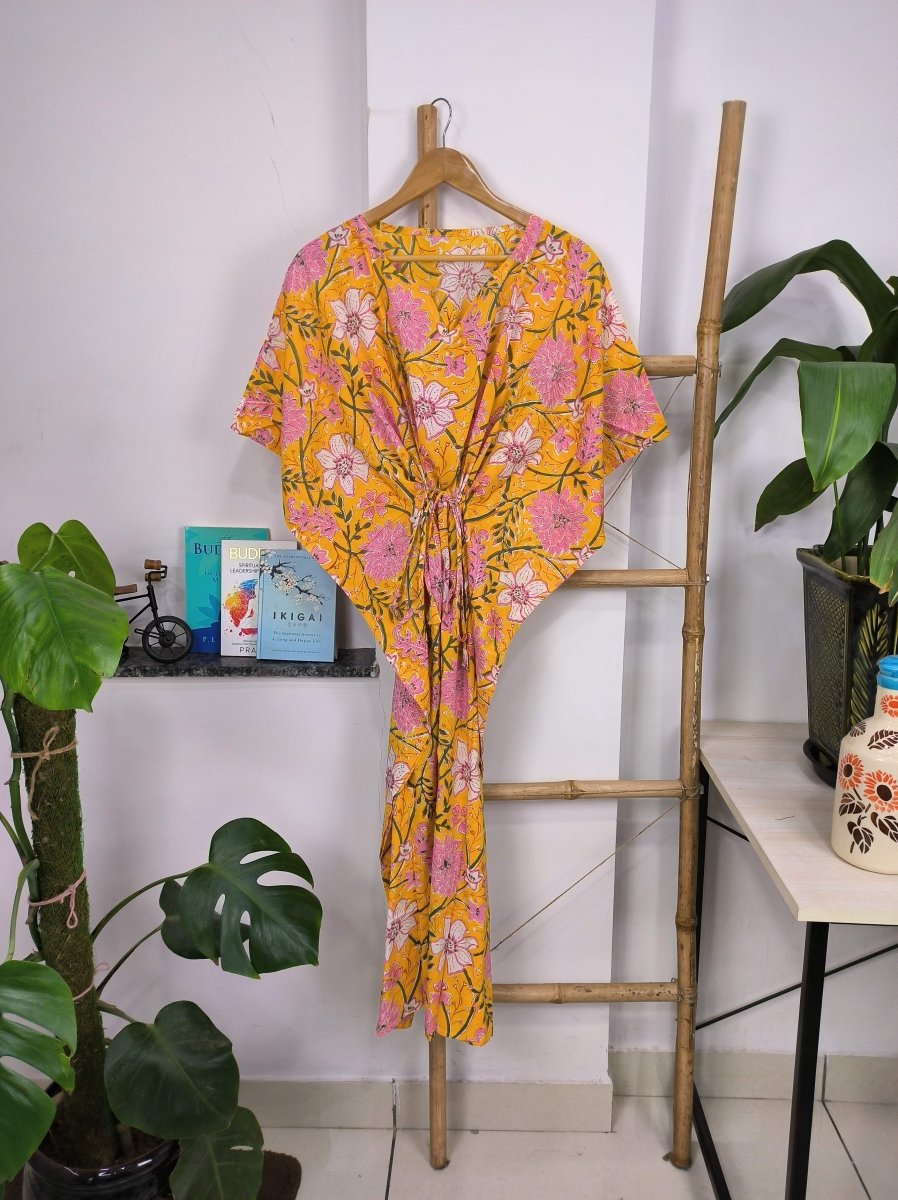 Boho Style Kaftan Dress | Indian Handprinted Sun Shine Garden Botanical | Breathable Lightweight Cotton Fabric Comfortable Chic Summer Look