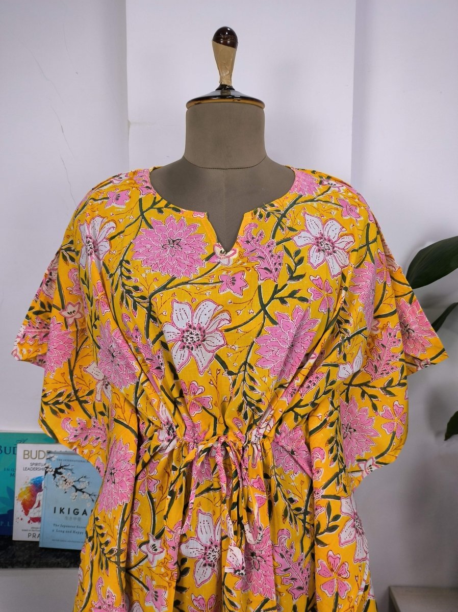 Boho Style Kaftan Dress | Indian Handprinted Sun Shine Garden Botanical | Breathable Lightweight Cotton Fabric Comfortable Chic Summer Look