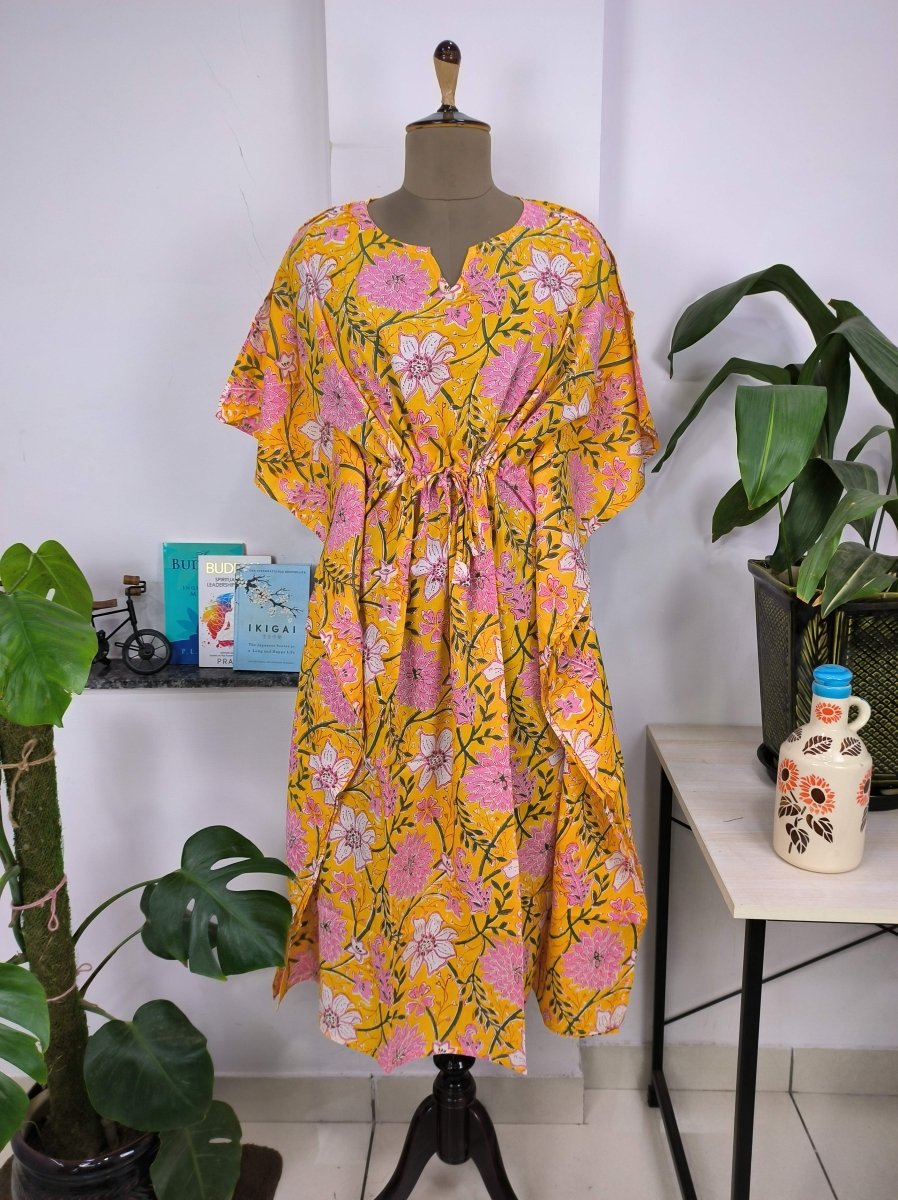 Boho Style Kaftan Dress | Indian Handprinted Sun Shine Garden Botanical | Breathable Lightweight Cotton Fabric Comfortable Chic Summer Look