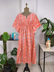 Boho Style Kaftan Dress | Indian Handprinted Sunrise Orange Botanical | Breathable Lightweight Cotton Fabric Comfortable Chic Summer Look