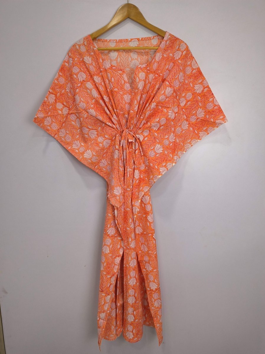 Boho Style Kaftan Dress | Indian Handprinted Sunrise Orange Botanical | Breathable Lightweight Cotton Fabric Comfortable Chic Summer Look