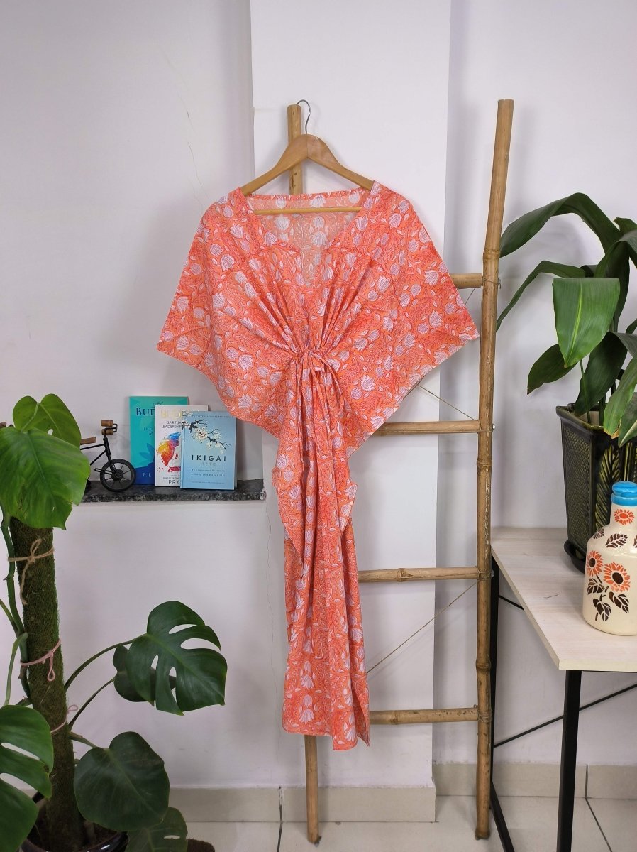 Boho Style Kaftan Dress | Indian Handprinted Sunrise Orange Botanical | Breathable Lightweight Cotton Fabric Comfortable Chic Summer Look