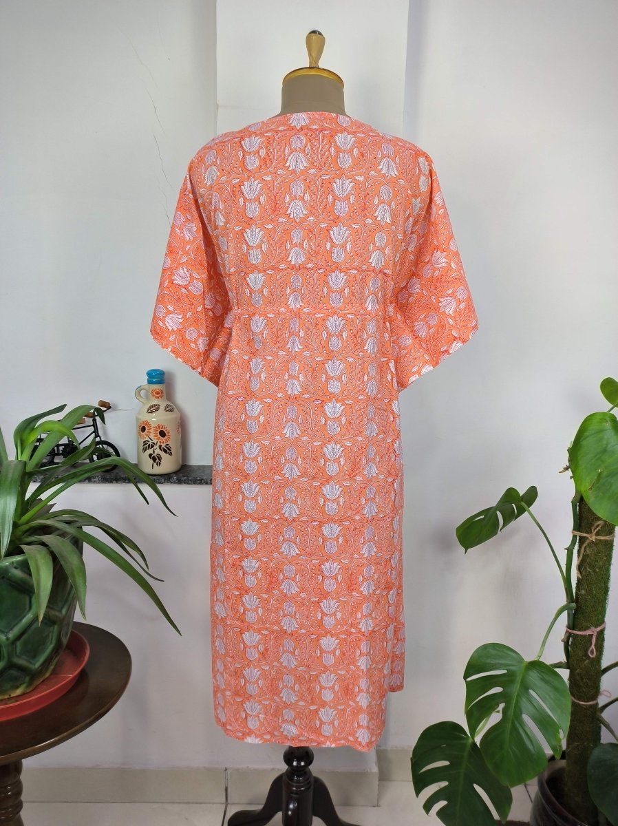 Boho Style Kaftan Dress | Indian Handprinted Sunrise Orange Botanical | Breathable Lightweight Cotton Fabric Comfortable Chic Summer Look