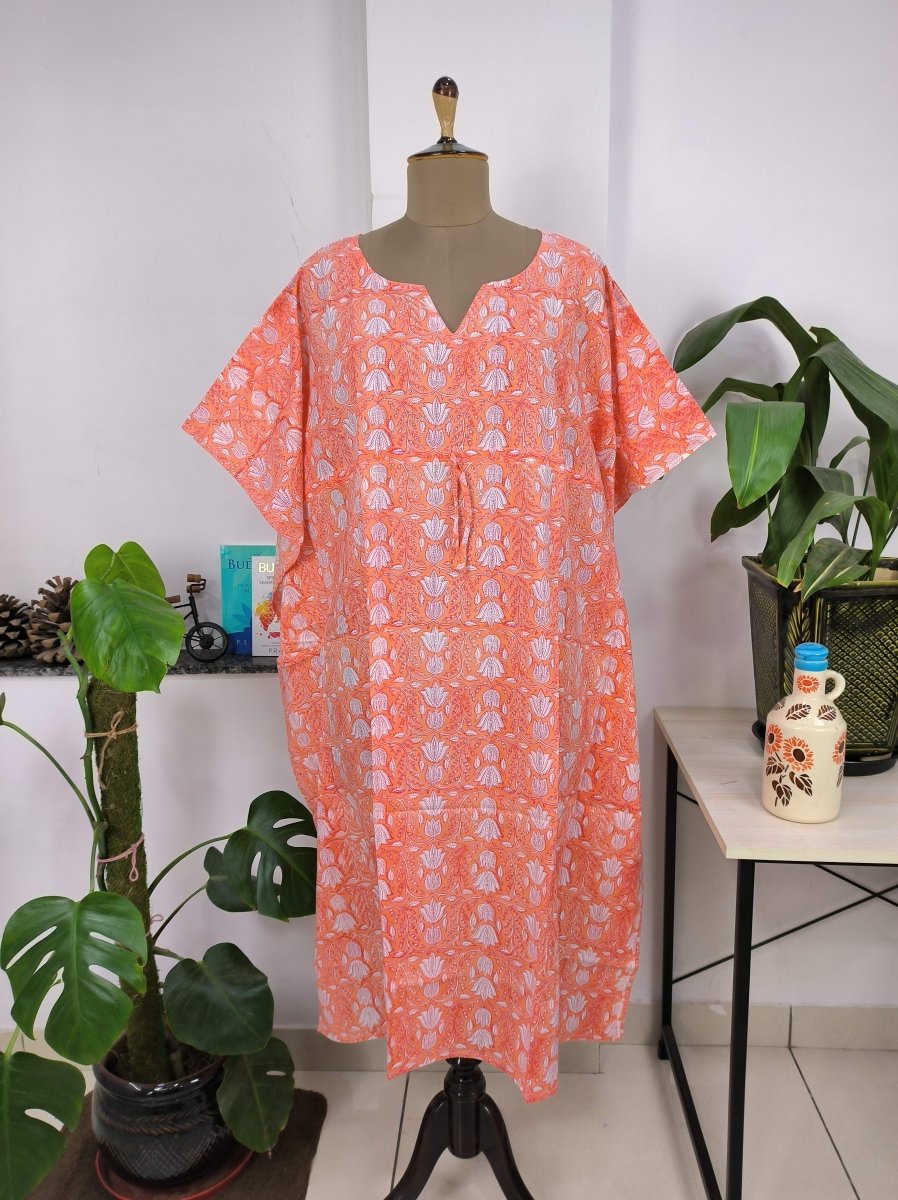 Boho Style Kaftan Dress | Indian Handprinted Sunrise Orange Botanical | Breathable Lightweight Cotton Fabric Comfortable Chic Summer Look