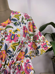 Boho Style Kaftan Dress | Indian Handprinted White Pink Floral Blossom | Breathable Lightweight Cotton Fabric, Comfortable Chic Summer Look