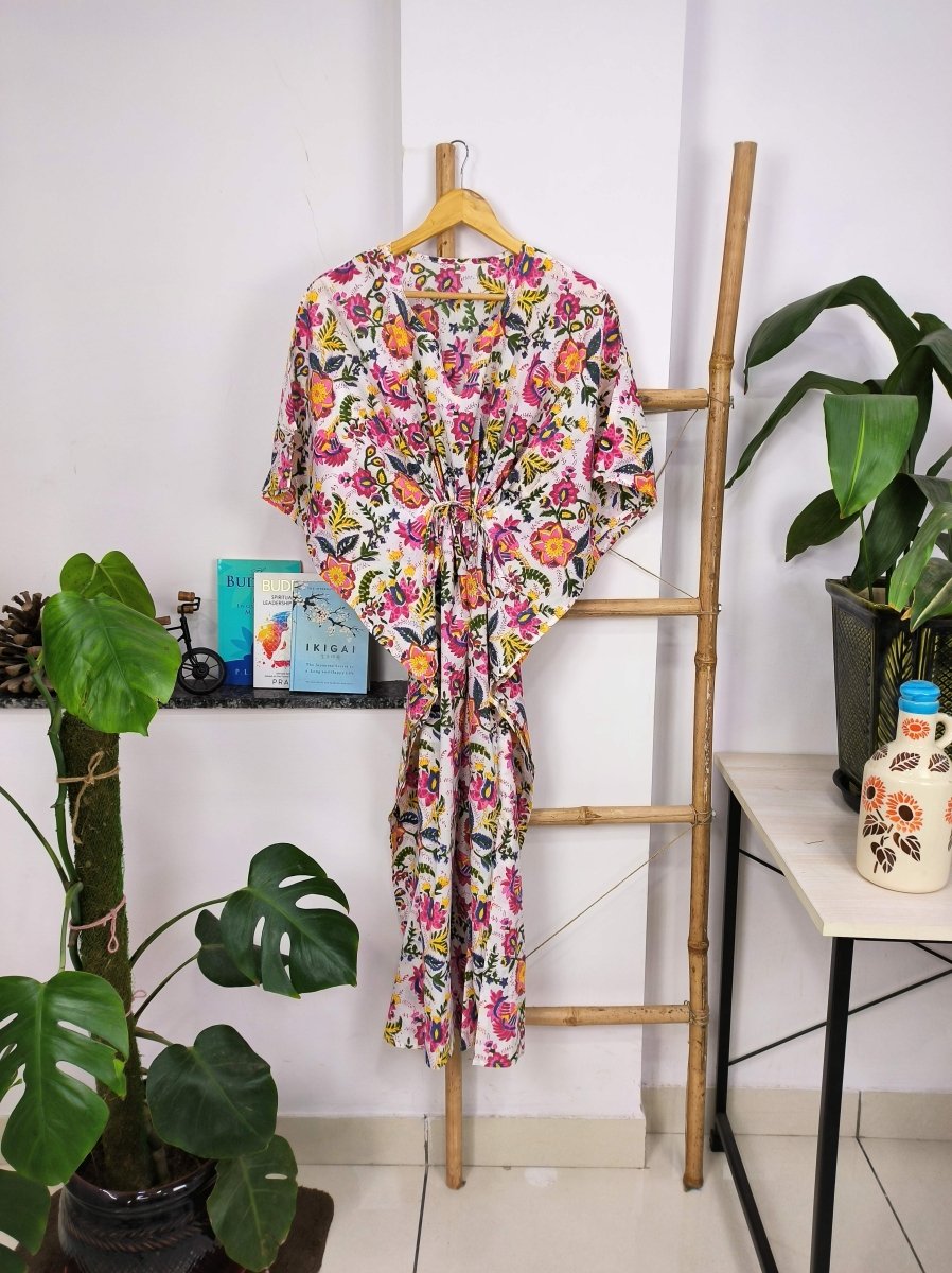 Boho Style Kaftan Dress | Indian Handprinted White Pink Floral Blossom | Breathable Lightweight Cotton Fabric, Comfortable Chic Summer Look