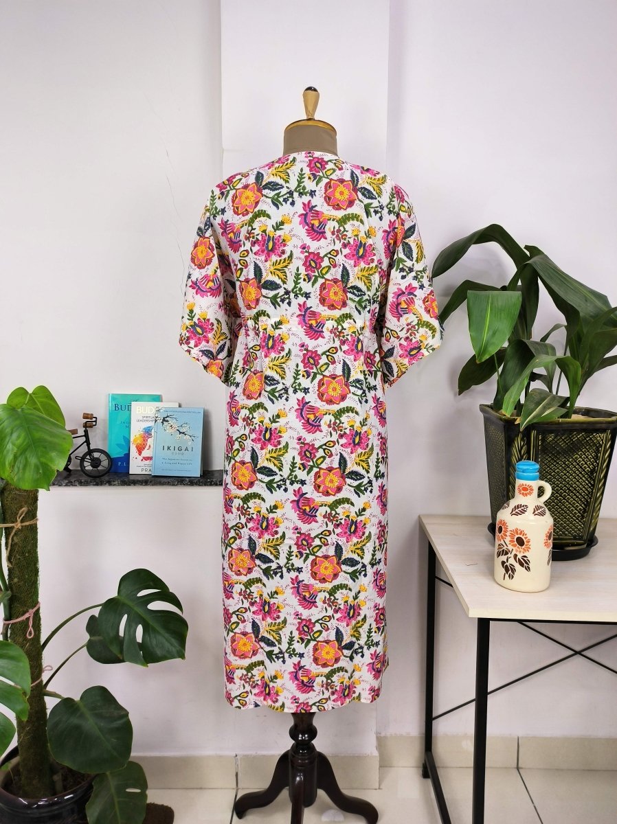 Boho Style Kaftan Dress | Indian Handprinted White Pink Floral Blossom | Breathable Lightweight Cotton Fabric, Comfortable Chic Summer Look