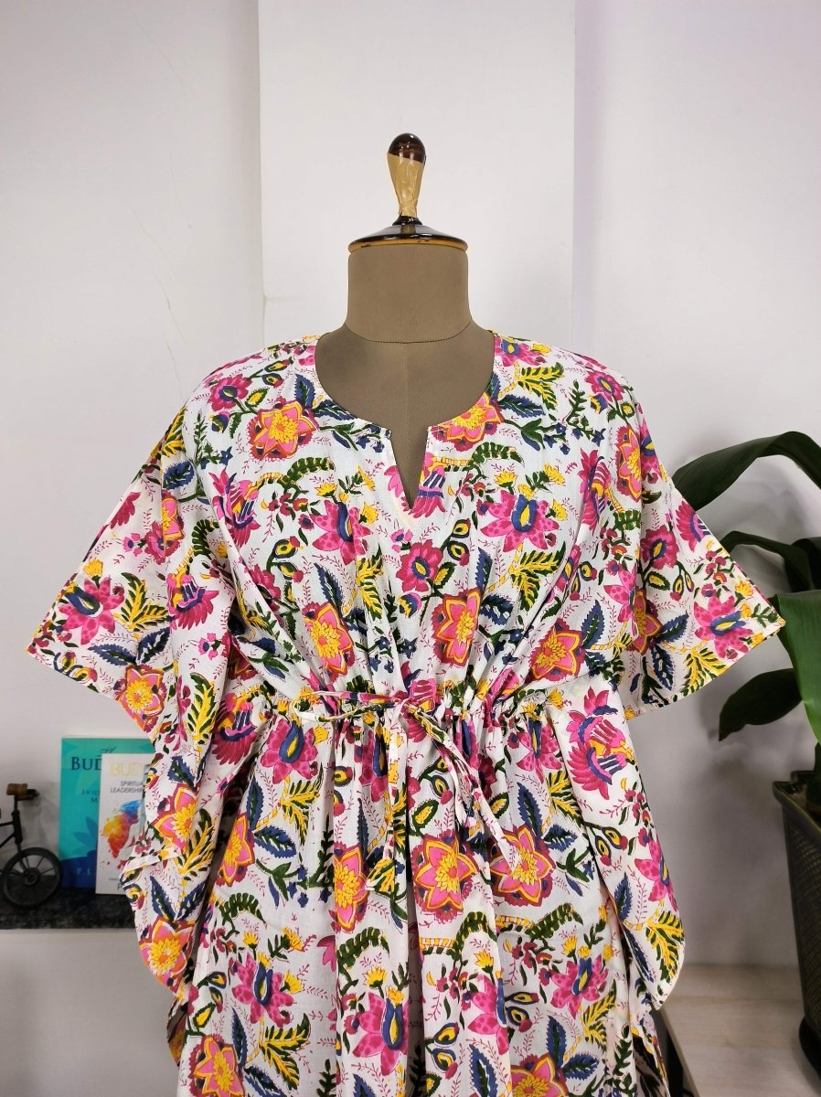 Boho Style Kaftan Dress | Indian Handprinted White Pink Floral Blossom | Breathable Lightweight Cotton Fabric, Comfortable Chic Summer Look