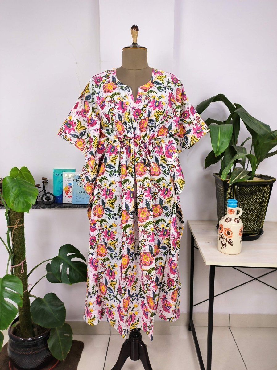Boho Style Kaftan Dress | Indian Handprinted White Pink Floral Blossom | Breathable Lightweight Cotton Fabric, Comfortable Chic Summer Look
