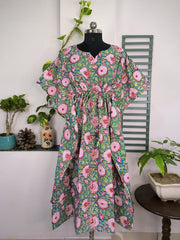 Boho Style Kaftan Dress | Indian Handprinted with Aqua Blue Garden Floral | Breathable Lightweight Cotton Fabric, Comfortable, Chic Summer Look