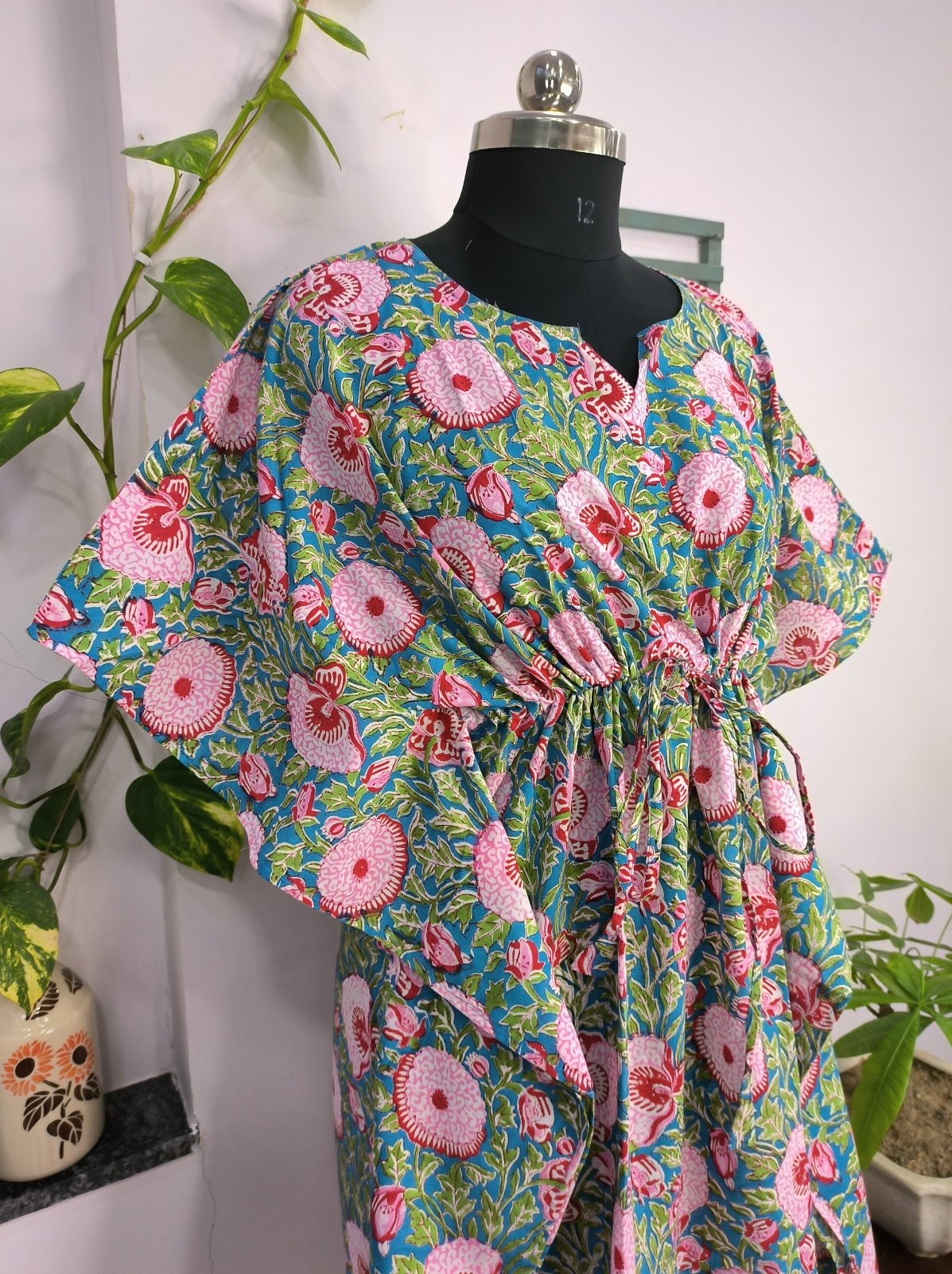Boho Style Kaftan Dress | Indian Handprinted with Aqua Blue Garden Floral | Breathable Lightweight Cotton Fabric, Comfortable, Chic Summer Look