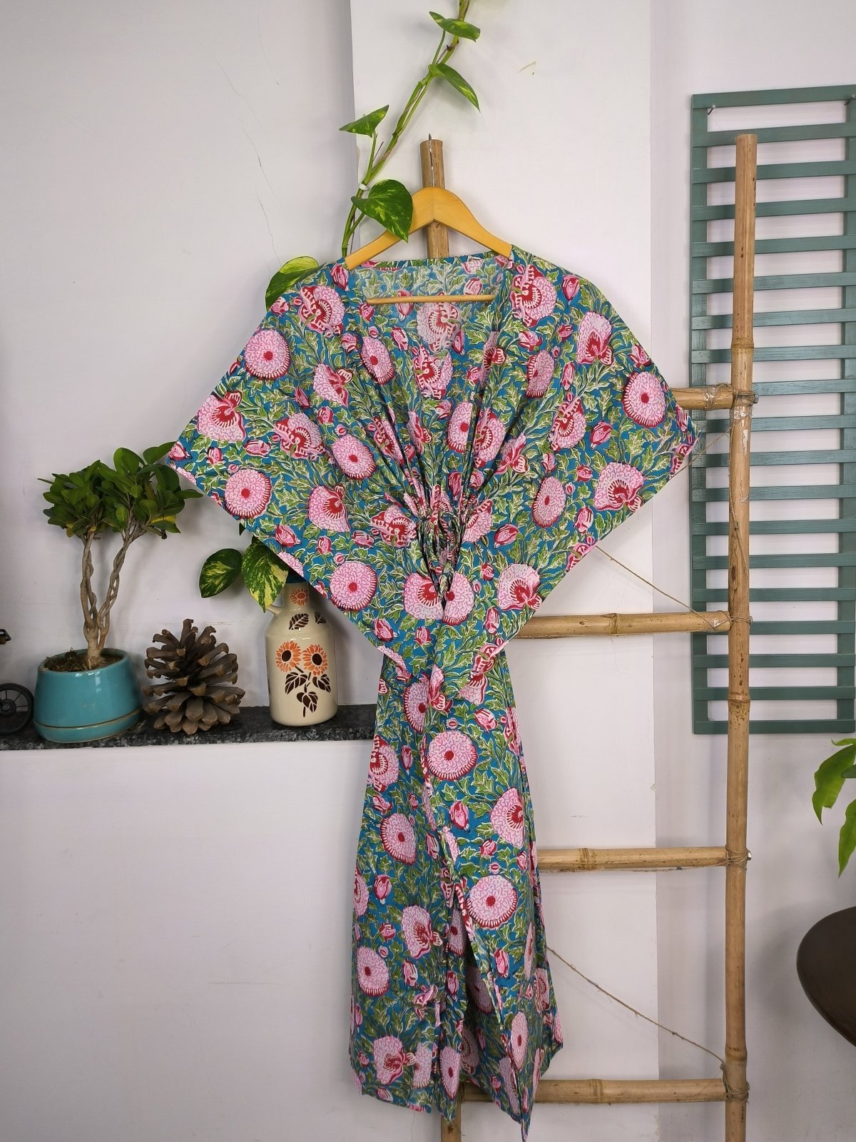 Boho Style Kaftan Dress | Indian Handprinted with Aqua Blue Garden Floral | Breathable Lightweight Cotton Fabric, Comfortable, Chic Summer Look