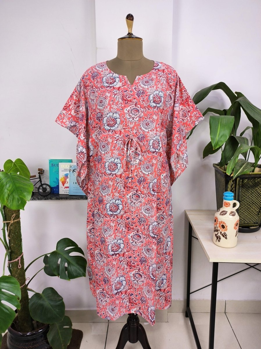 Boho Style Kaftan Dress | Indian Handprinted with Mandy Pink Botanical | Breathable Lightweight Cotton Fabric, Comfortable, Chic Summer Look