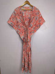Boho Style Kaftan Dress | Indian Handprinted with Mandy Pink Botanical | Breathable Lightweight Cotton Fabric, Comfortable, Chic Summer Look
