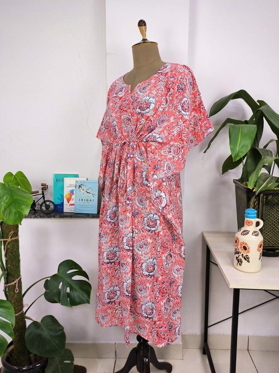 Boho Style Kaftan Dress | Indian Handprinted with Mandy Pink Botanical | Breathable Lightweight Cotton Fabric, Comfortable, Chic Summer Look