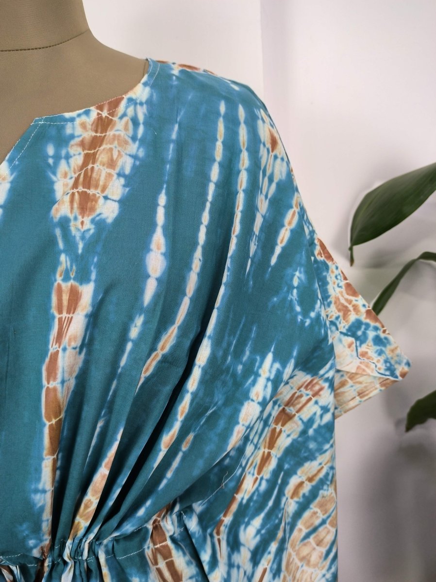 Boho Style Kaftan Dress | Indian Handprinted with Metallic Blue Tie Dye | Breathable Lightweight Cotton Fabric, Comfortable Chic Summer Look