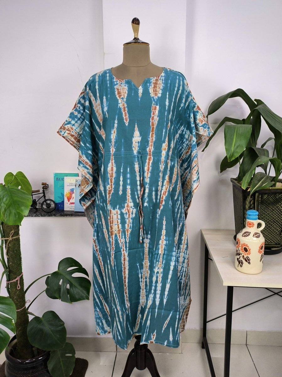 Boho Style Kaftan Dress | Indian Handprinted with Metallic Blue Tie Dye | Breathable Lightweight Cotton Fabric, Comfortable Chic Summer Look