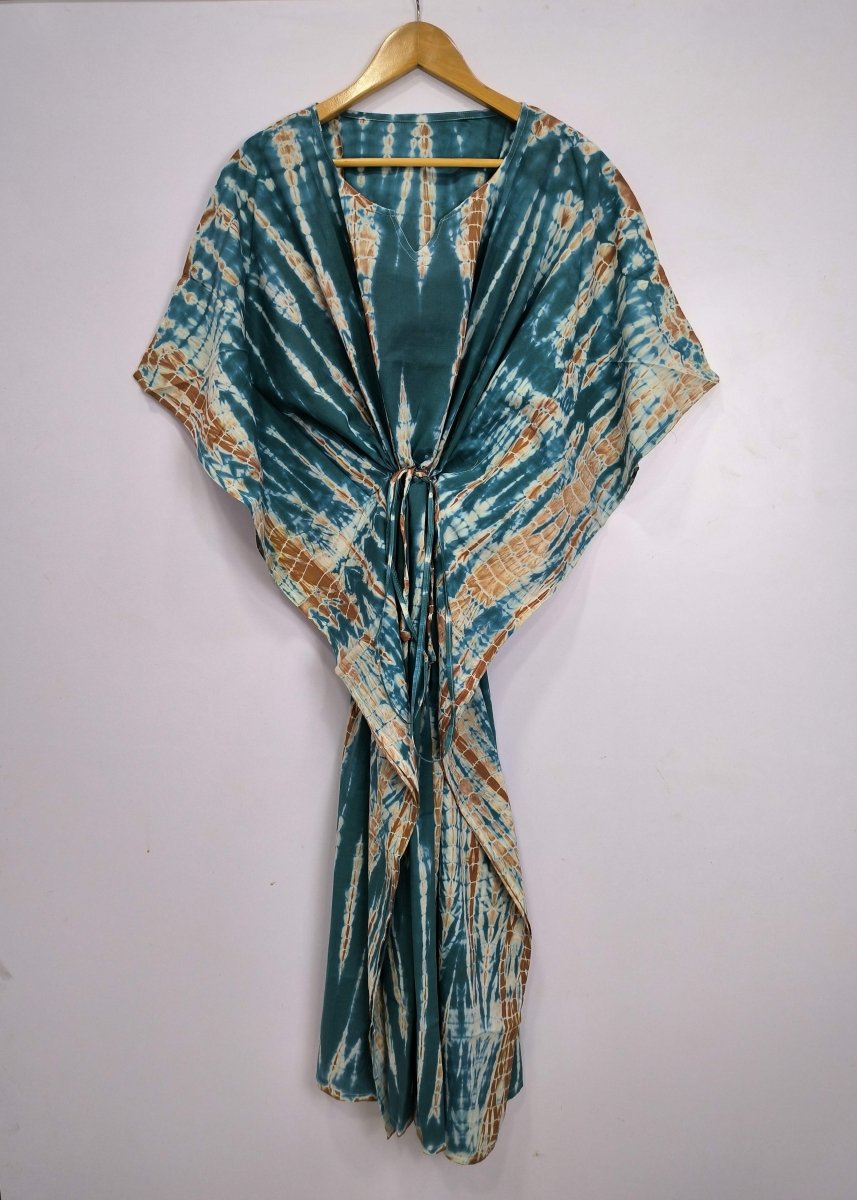 Boho Style Kaftan Dress | Indian Handprinted with Metallic Blue Tie Dye | Breathable Lightweight Cotton Fabric, Comfortable Chic Summer Look