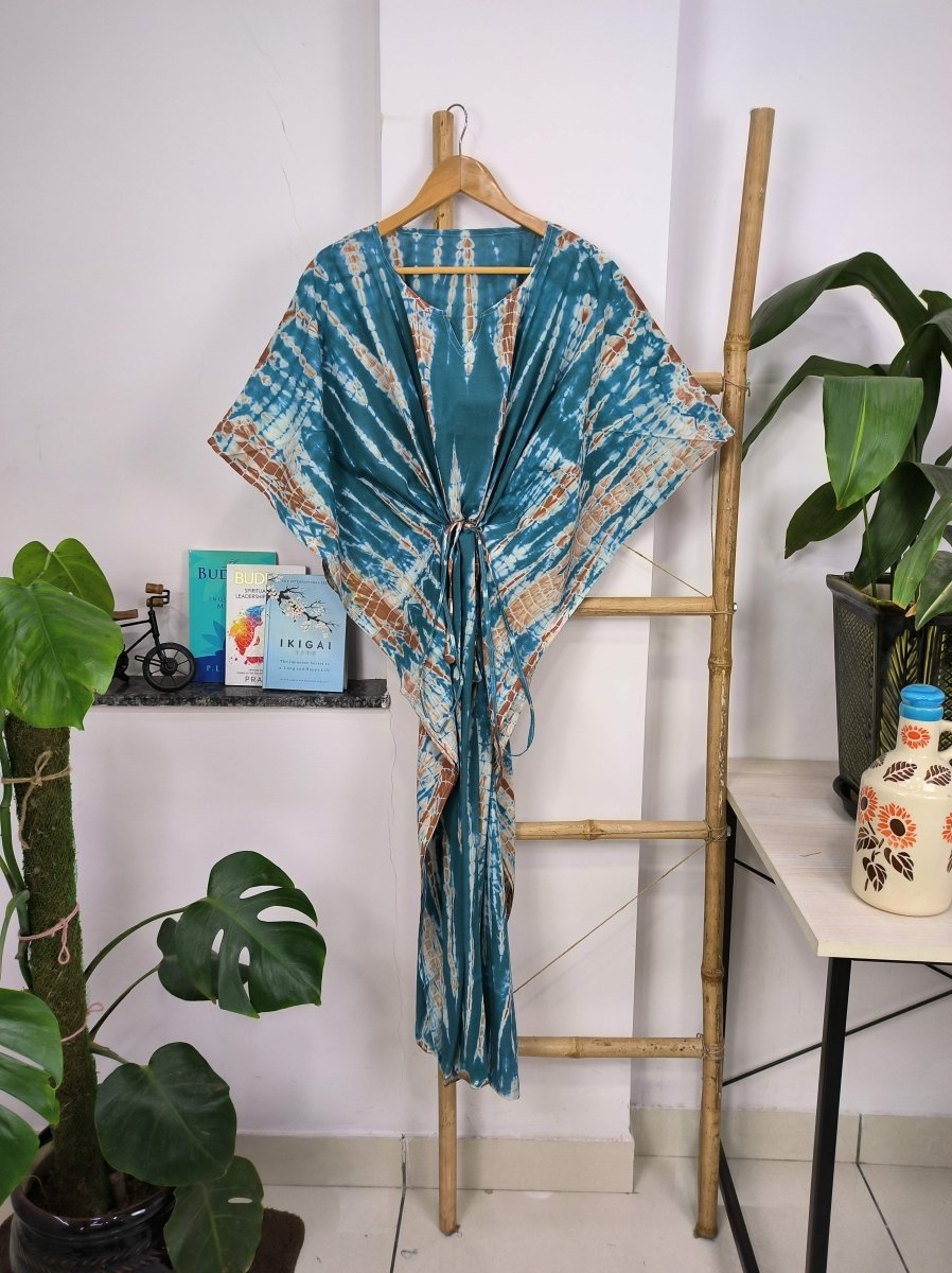 Boho Style Kaftan Dress | Indian Handprinted with Metallic Blue Tie Dye | Breathable Lightweight Cotton Fabric, Comfortable Chic Summer Look