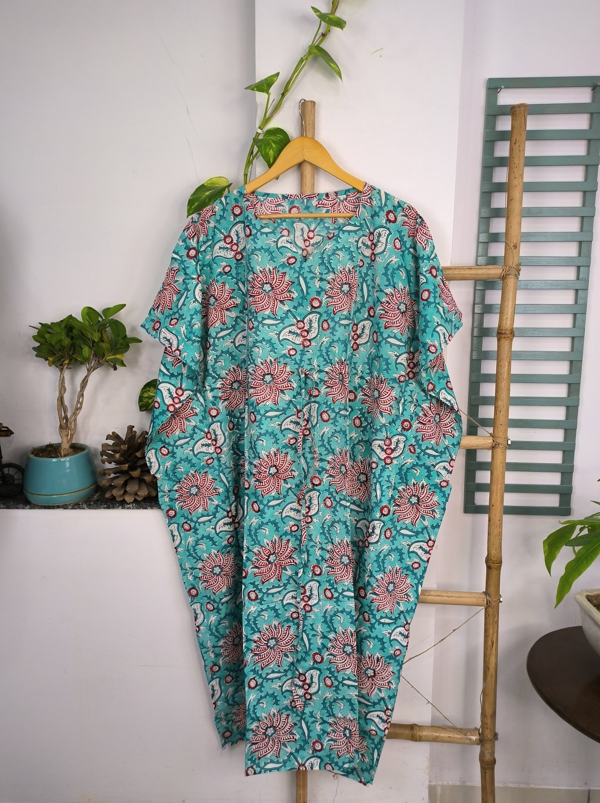 Boho Style Kaftan Dress | Indian Handprinted with Monte Carlo Lotus Bloom | Breathable Lightweight Cotton Fabric, Comfortable, Chic Summer Look
