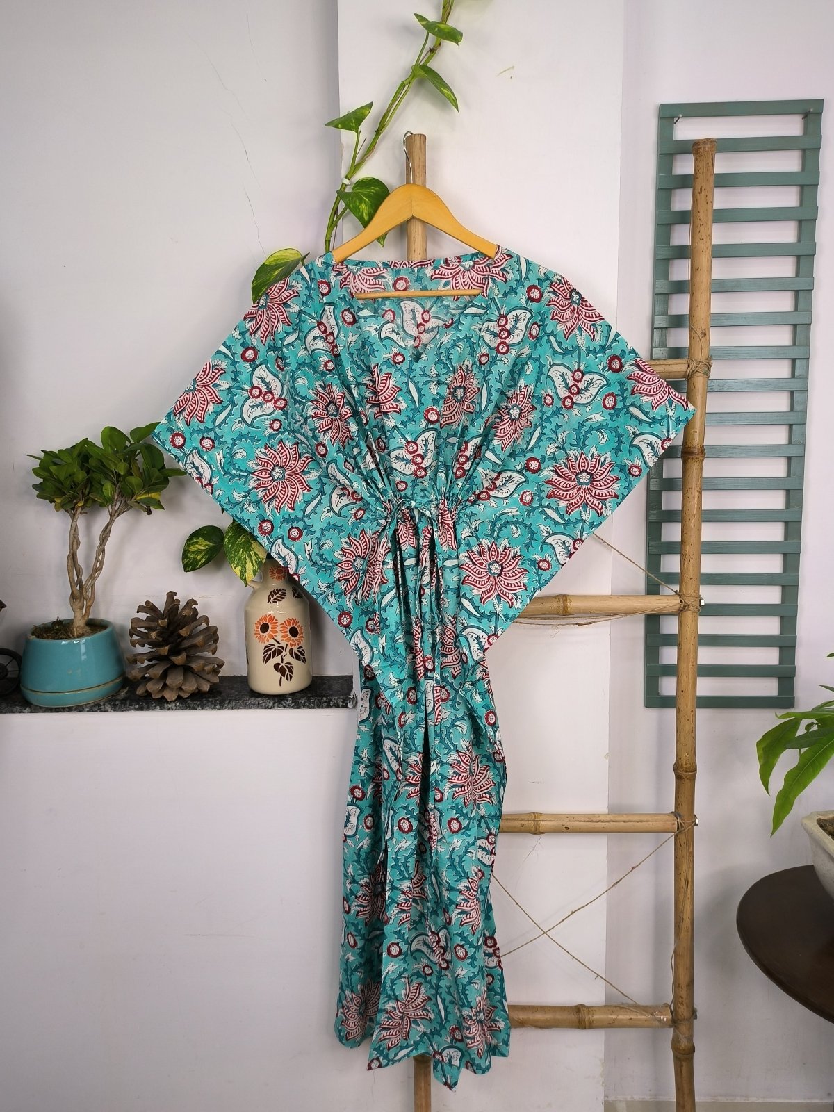 Boho Style Kaftan Dress | Indian Handprinted with Monte Carlo Lotus Bloom | Breathable Lightweight Cotton Fabric, Comfortable, Chic Summer Look