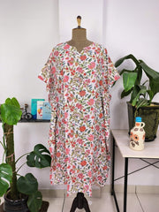 Boho Style Kaftan Dress | Indian Handprinted with White Pink Floral | Breathable Lightweight Cotton Fabric, Comfortable Chic Summer Look