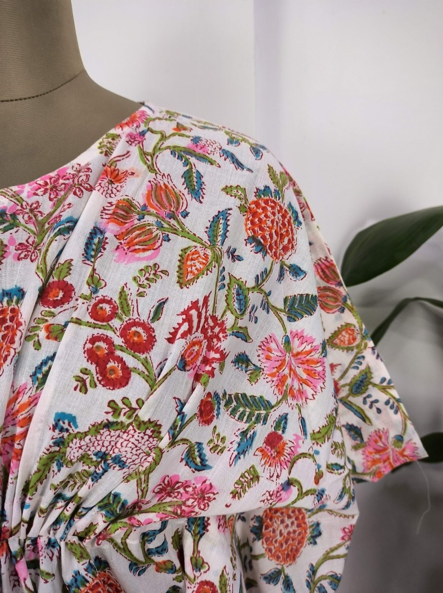 Boho Style Kaftan Dress | Indian Handprinted with White Pink Floral | Breathable Lightweight Cotton Fabric, Comfortable Chic Summer Look