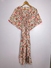 Boho Style Kaftan Dress | Indian Handprinted with White Pink Floral | Breathable Lightweight Cotton Fabric, Comfortable Chic Summer Look