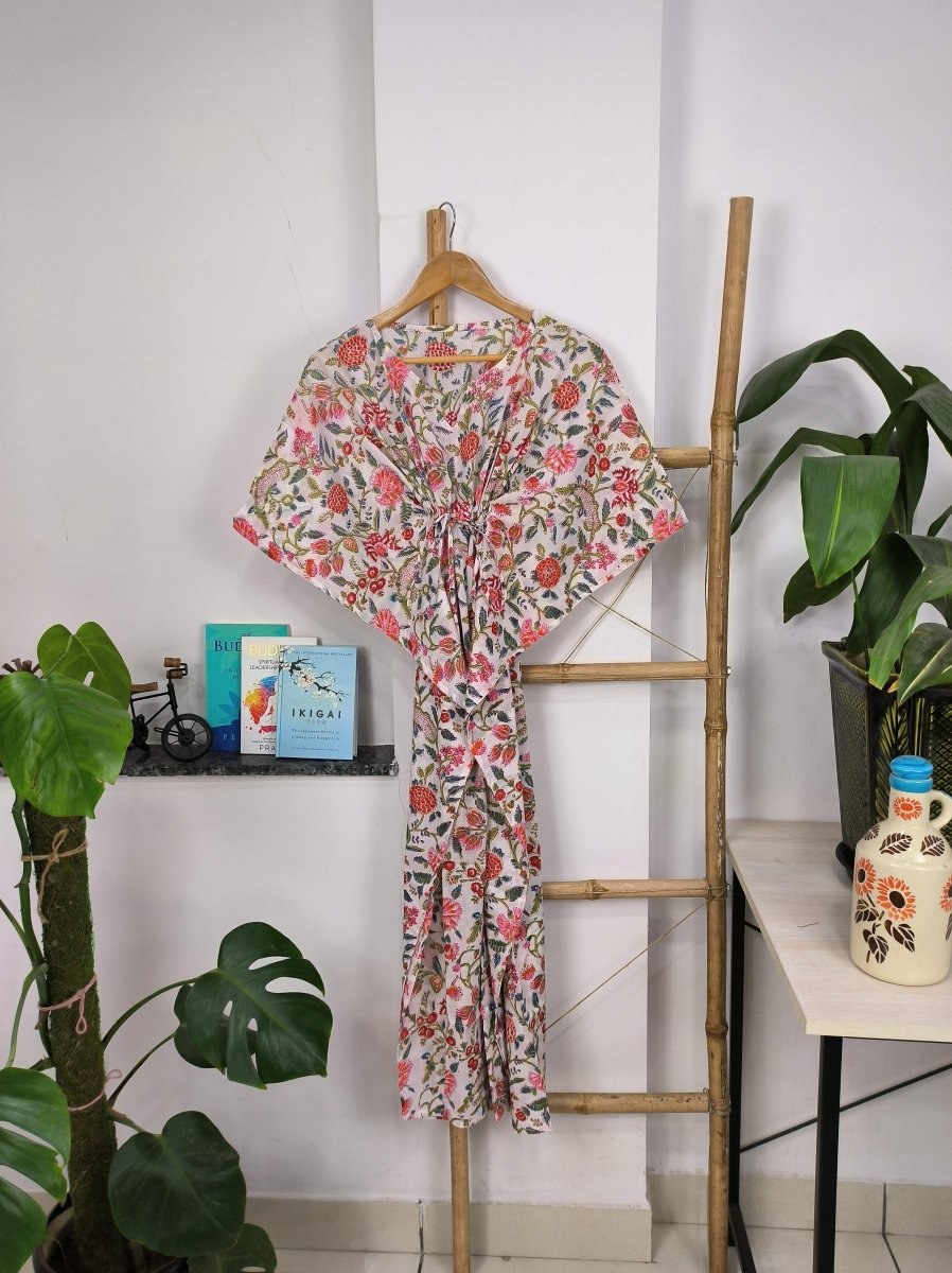 Boho Style Kaftan Dress | Indian Handprinted with White Pink Floral | Breathable Lightweight Cotton Fabric, Comfortable Chic Summer Look