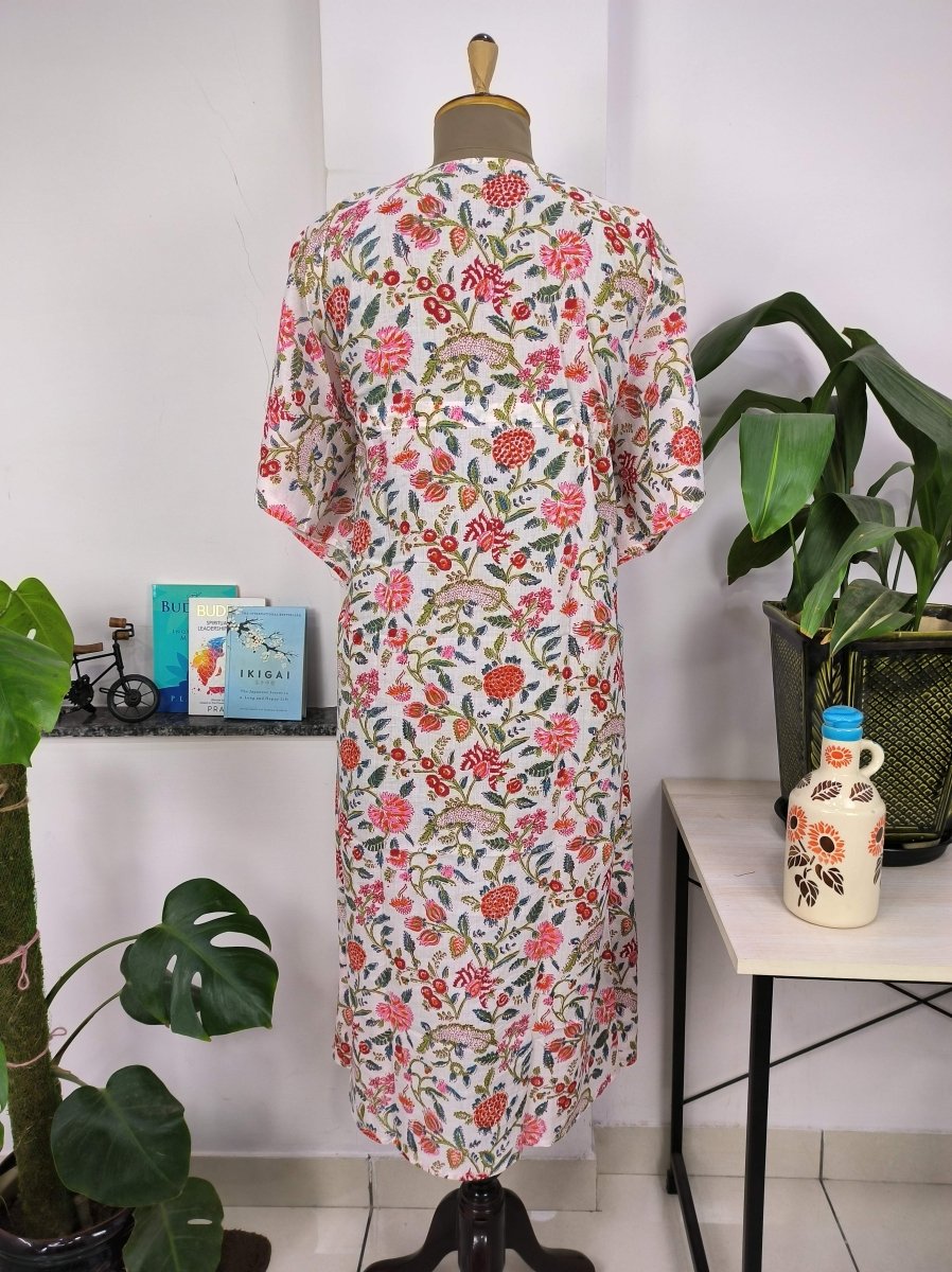 Boho Style Kaftan Dress | Indian Handprinted with White Pink Floral | Breathable Lightweight Cotton Fabric, Comfortable Chic Summer Look