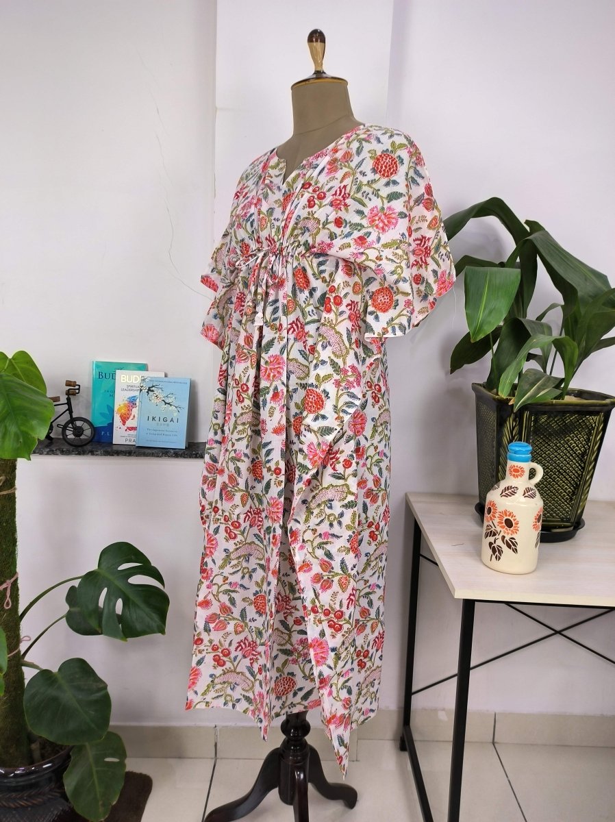 Boho Style Kaftan Dress | Indian Handprinted with White Pink Floral | Breathable Lightweight Cotton Fabric, Comfortable Chic Summer Look