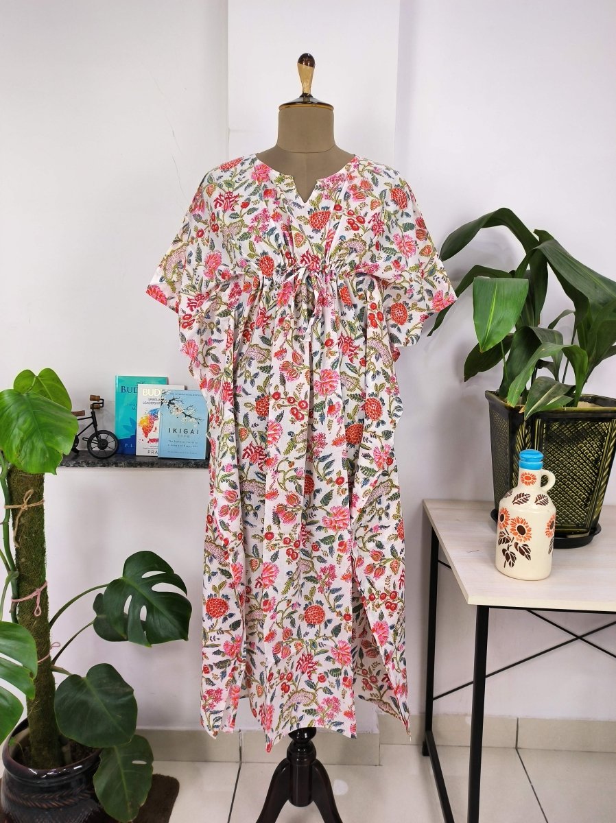 Boho Style Kaftan Dress | Indian Handprinted with White Pink Floral | Breathable Lightweight Cotton Fabric, Comfortable Chic Summer Look