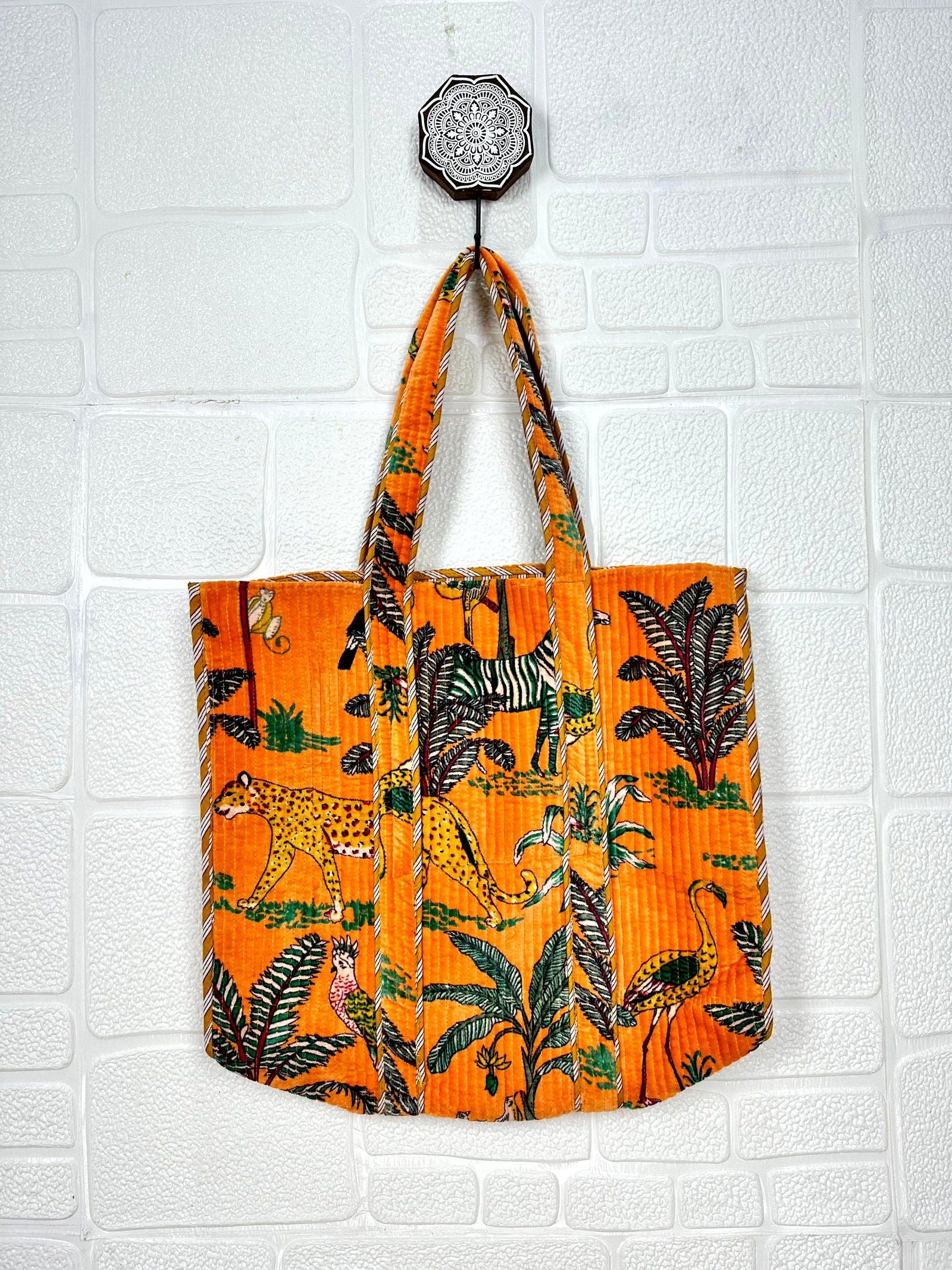 Boho Tote Bag Large Reversible Quilted Velvet Cotton | Beach Weekend Bag Eco friendly Sustainable Sturdy Grocery Shopping Ochre